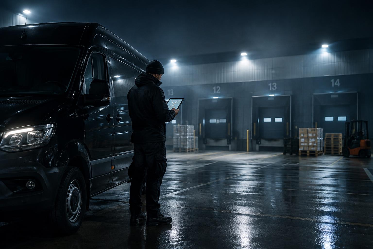 Driver with a tablet beside a cargo van at a distribution center