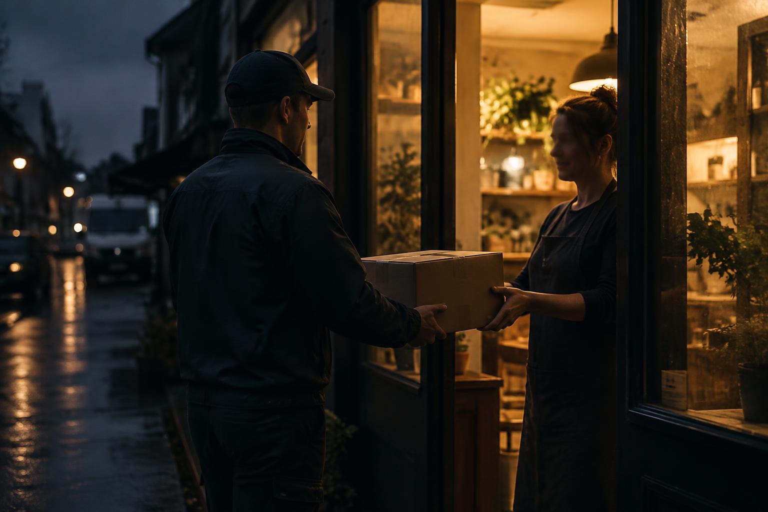 Courier handing a parcel to a business owner at a storefront