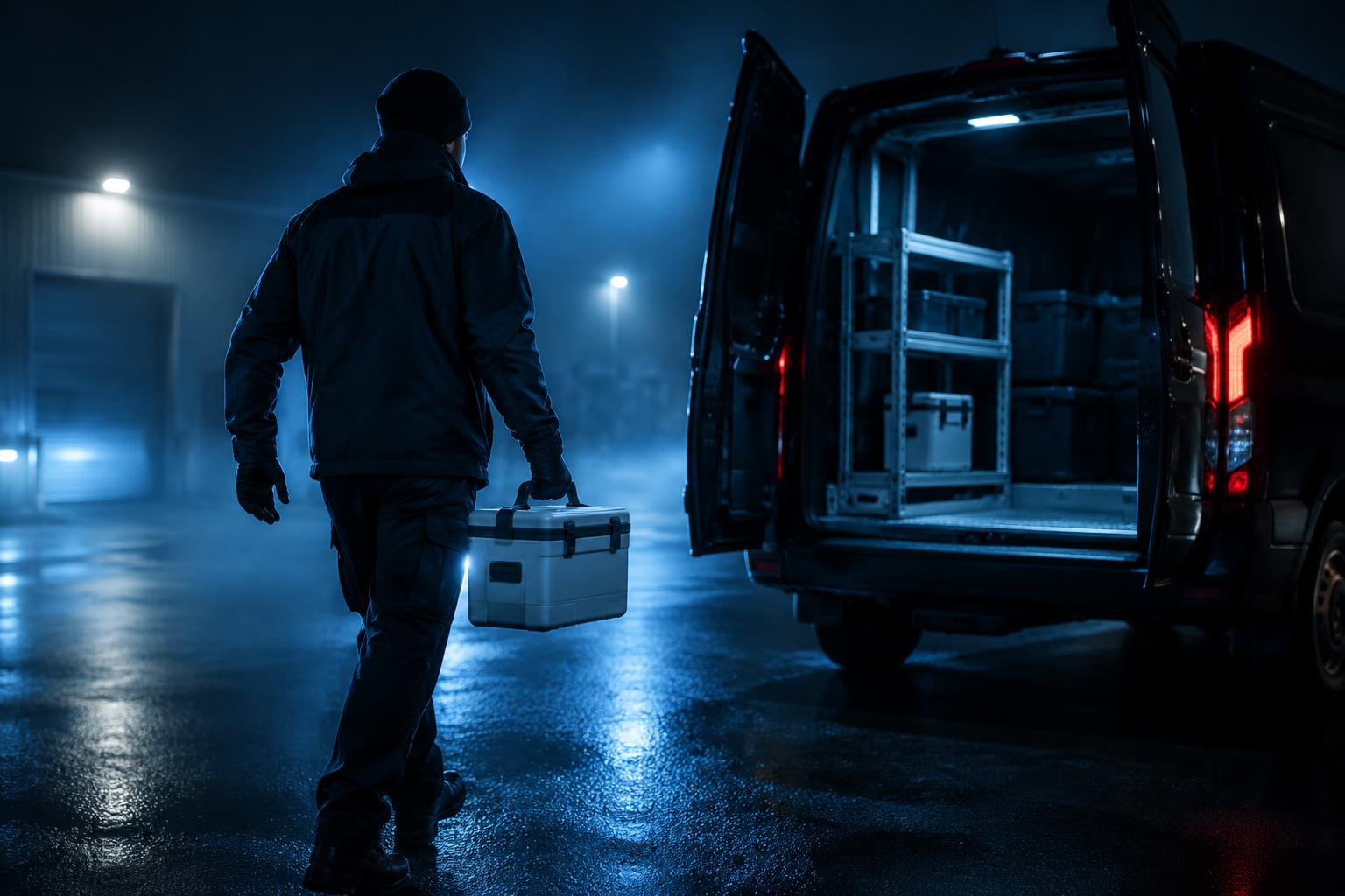 Courier carrying a medical transport case toward a cargo van