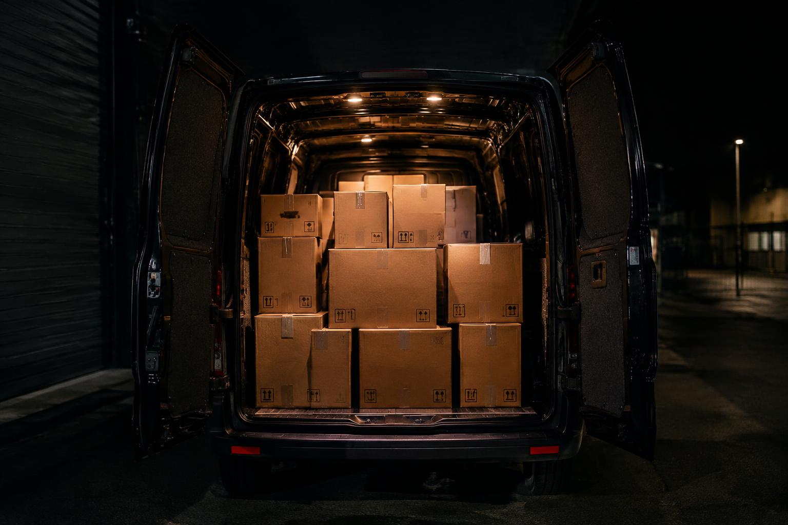 Organized cargo boxes loaded in the rear of a van