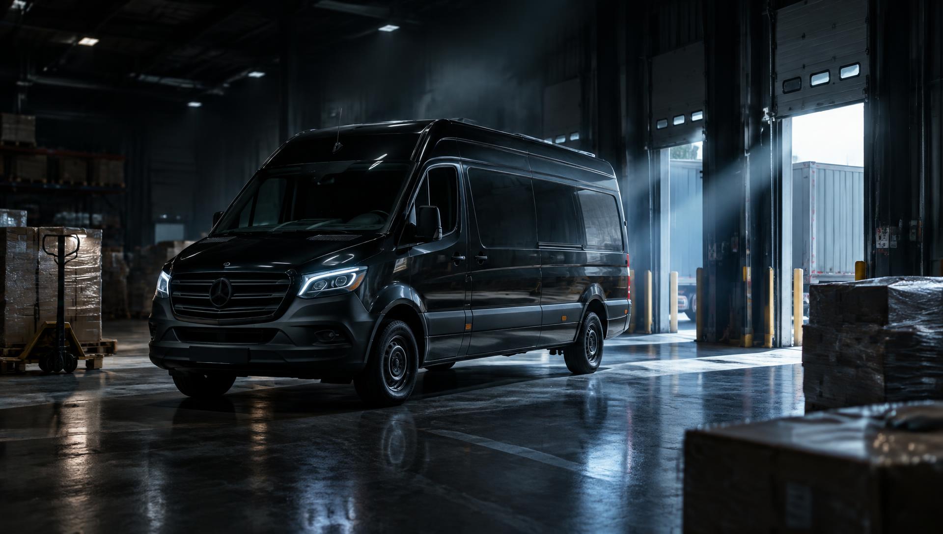Cargo van inside a warehouse loading dock during freight preparation